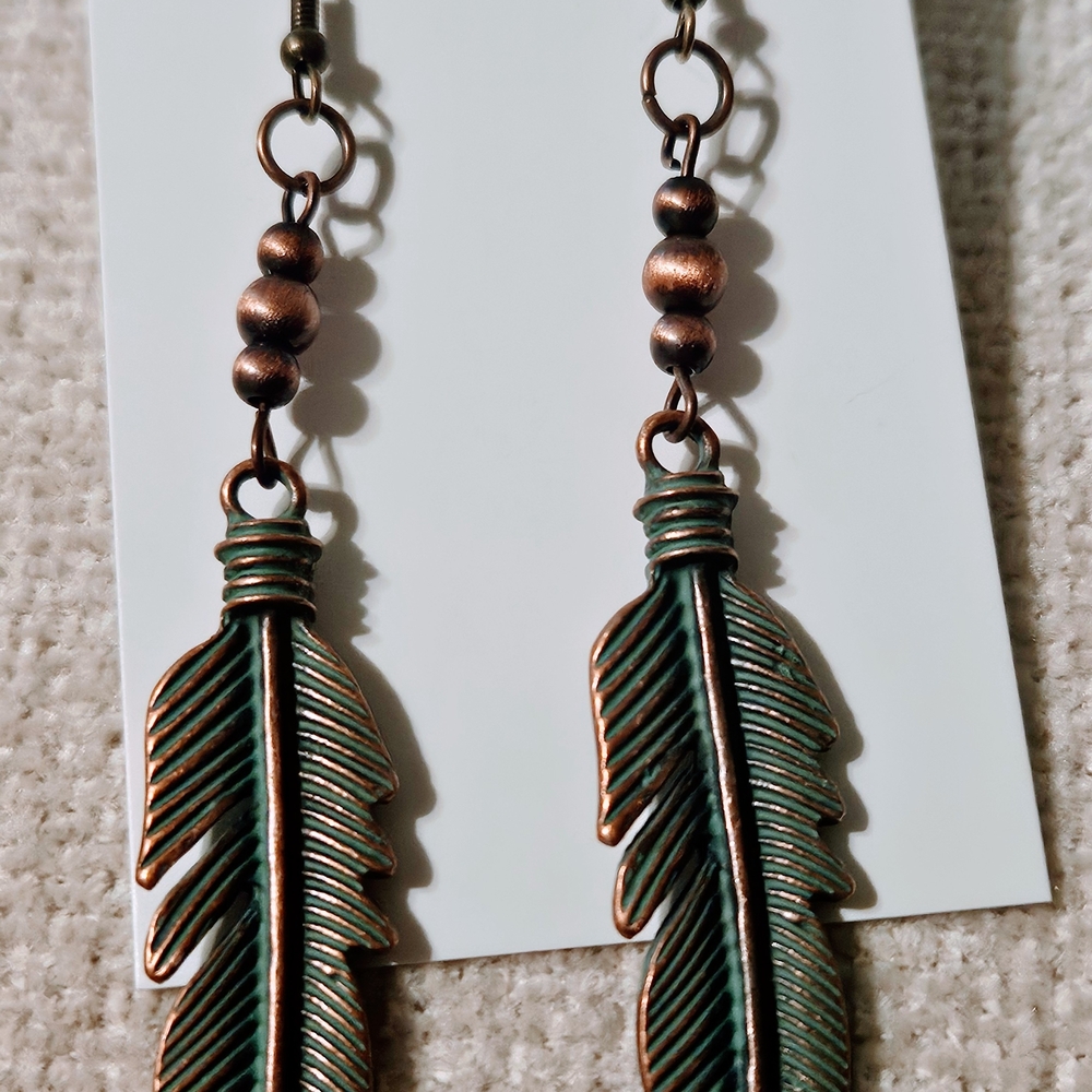 Elegant Green and Bronze Feather Earrings